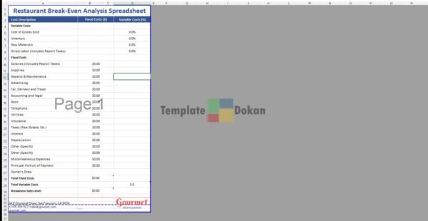 Restaurant Break Even Analysis Spreadsheet Template